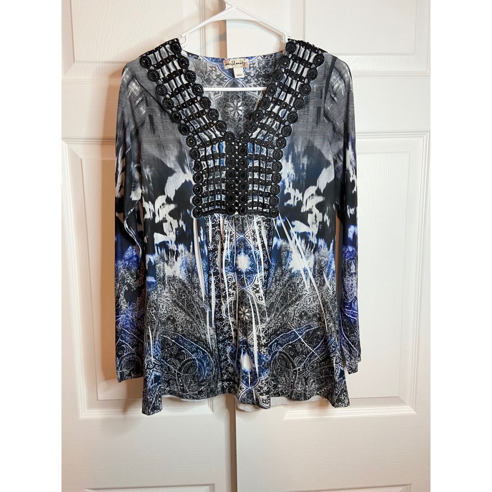 World Unity Artsy Blue Black Paisley Crochet Bib V-Neck Long Sleeve Tunic Top